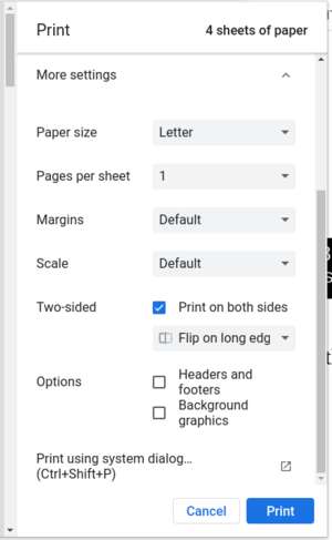 Chrome print options