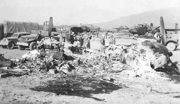 B-25 destroyed in the German air raid of May 13, 1944.