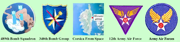 1. 489th BS Insignia from B-25 at MAAM,
2. 340th BG Insignia from Q. Kaiser's A2 flight jacket (1944),
3. NASA space shuttle photo of Corsica,
4. 12th Air Force patch,
5. U.S. Army Air Corps Patch .