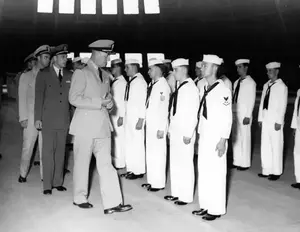 CAPT Tyler of NAS Lakehurst Inspecting SoWey Hedron Personnel September 10, 1945