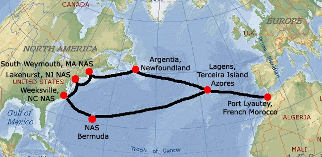 Map of transAtlantic crossings of ZP-14 blimps